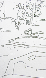 Zeichnung, Skizze vor Ort, 20 x 20 cm, zu: Site-specific Painting: Nordpark Frankfurt am Main, 05.07.04, Aquarell, 30 x 40 cm, Fotografie, Text, Karte - Kirsten Kötter, Malerei vor Ort