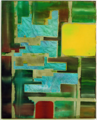 untitled (Forest river), 2009, oil, acrylic, canvas, painted silk, 75 × 95 cm (Kirsten Kötter) / ohne Titel (Waldfluss)