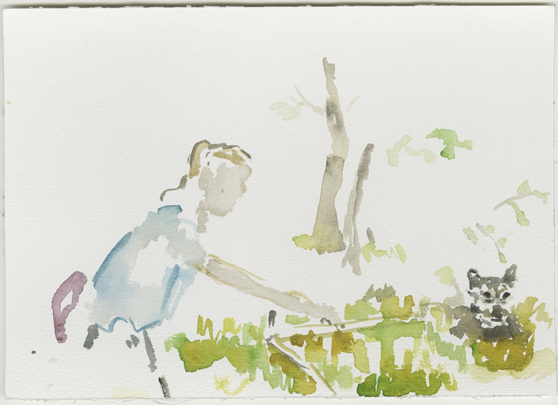 2016-07-18_69-754_27-002_kevo-elina_skizze, Elina Vainio counting the blueberries, her dog Tuisko, sketch, 17 × 24 cm (Kirsten Kötter)