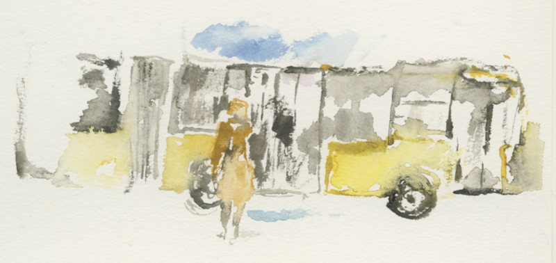 2022-03-11_berlin-hbf-ukraine-flucht-bus-skizze, sketch, 17 × 24 cm (Kirsten Kötter)